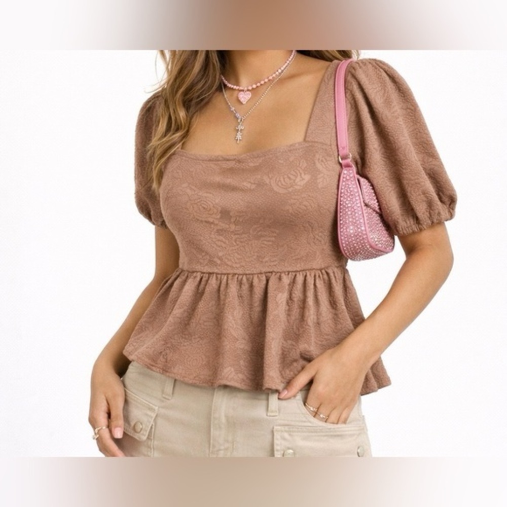 Versona Brown Mocha Mousse Puff Sleeve Peplum Blouse